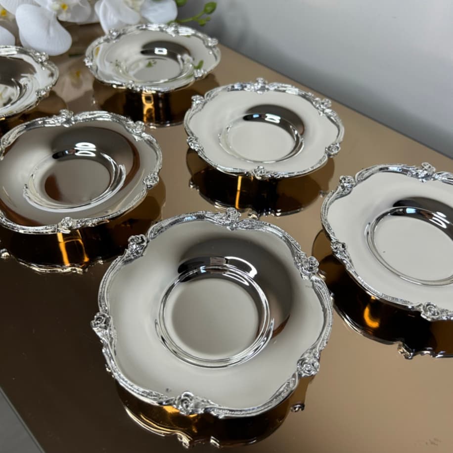 Pirinç üzeri gümüş kaplama 6’lı çay tabağı
